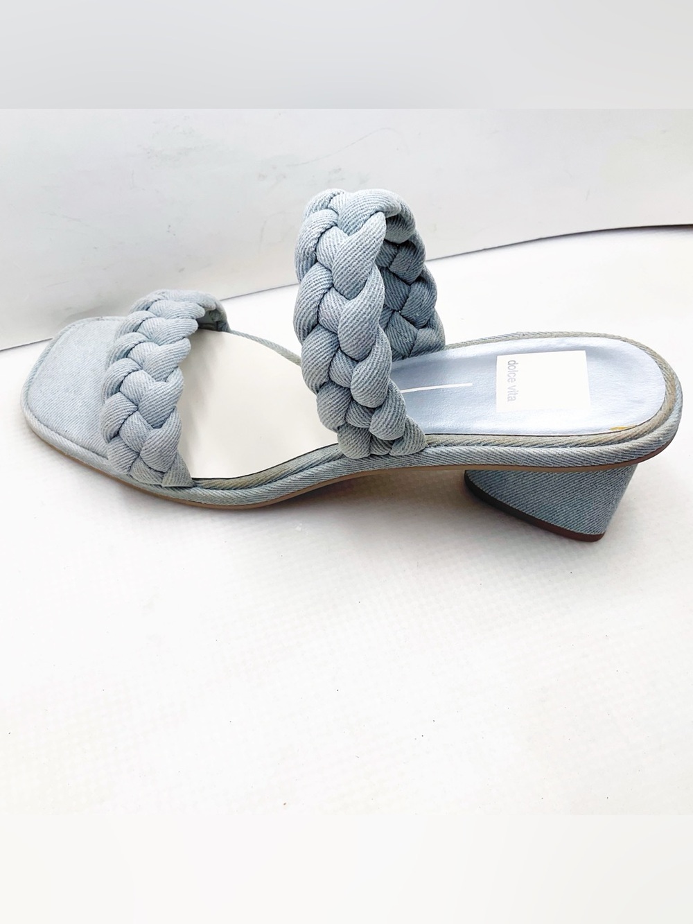 {Dolce Vita} Indy Light Blue Denim Slip On Open Square Toe Woven Straps Sandals - Picture 3 of 14